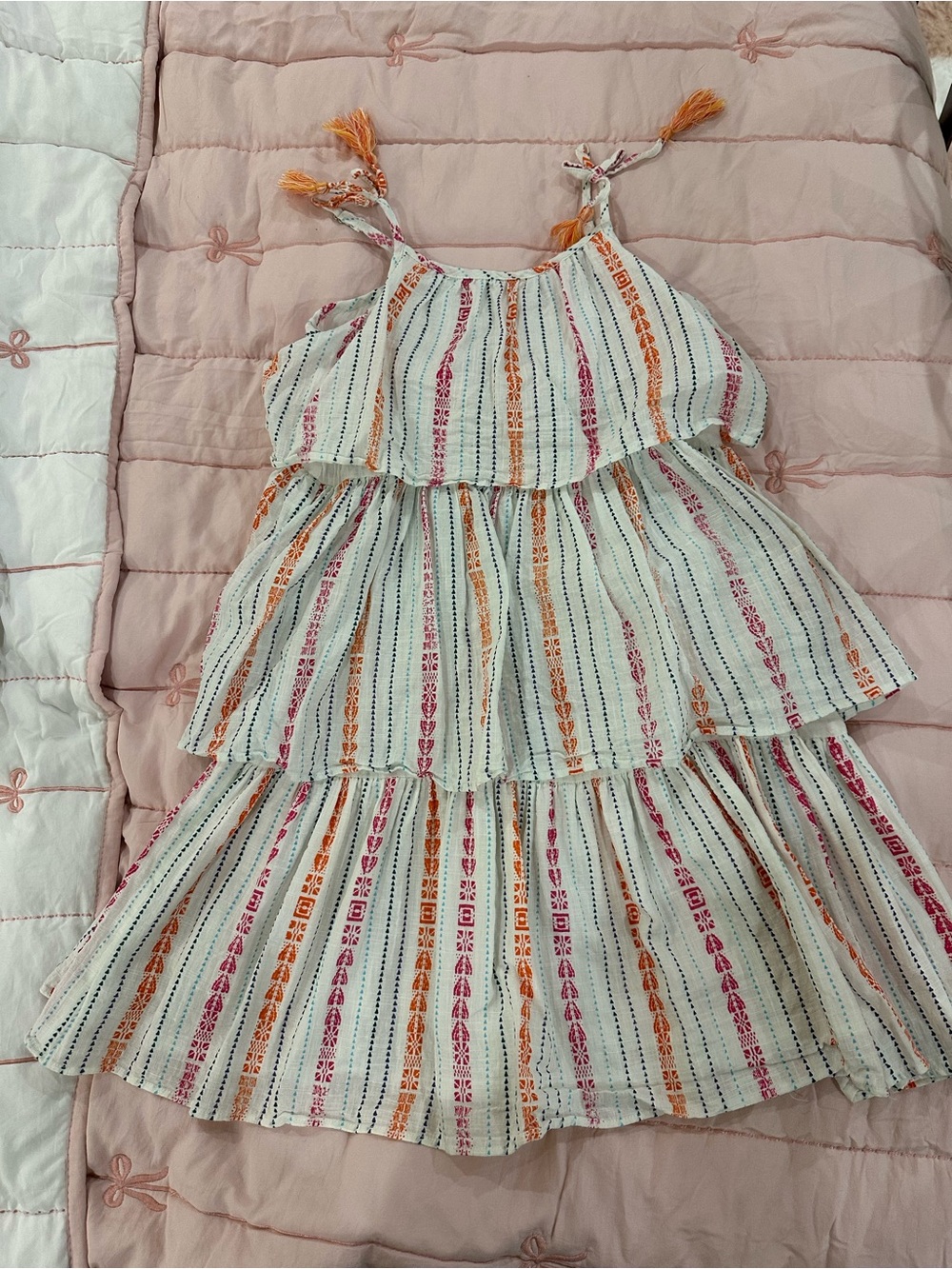 Girls' Tiered Sundress in White with Pink & Orange Stripe Accents